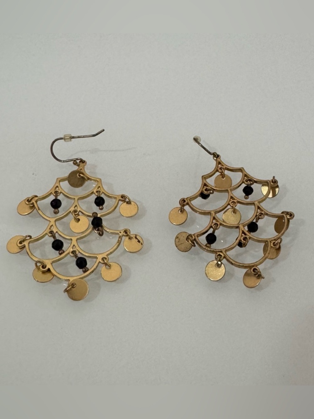 Gold Chandelier Drop Earrings with Black Bead Accents